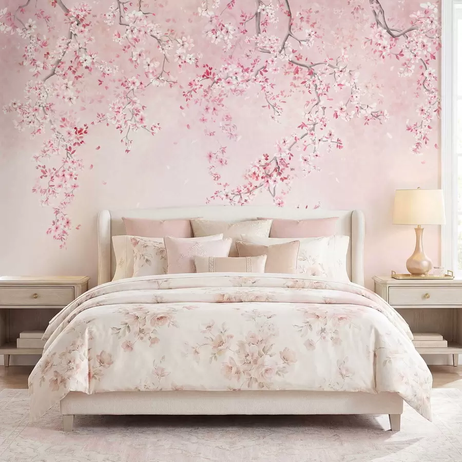 fototapeter Grener med rosa blomster på en myk pastellbakgrunn w05129v1