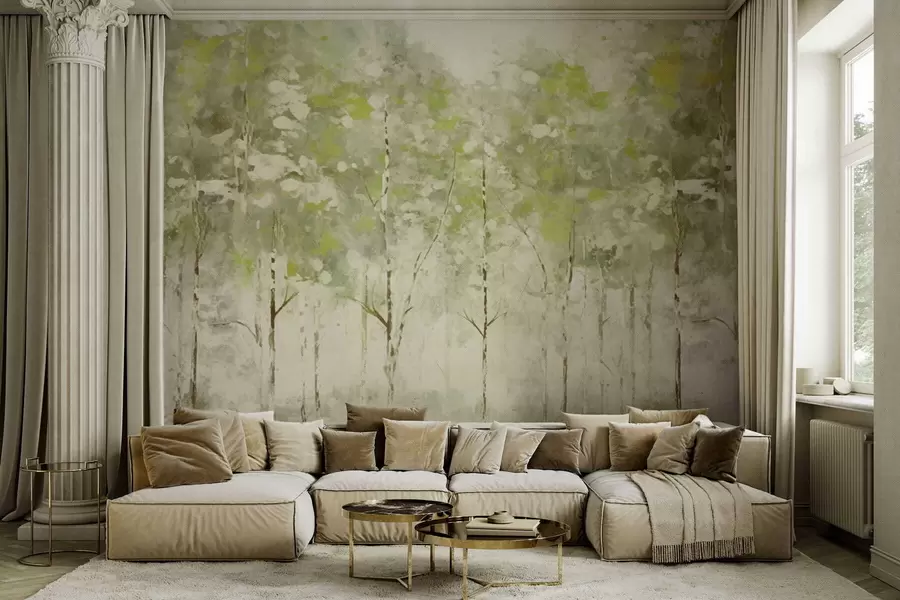 fototapeter Stilisert skog med slanke trær i grønne fargetoner w05221v1