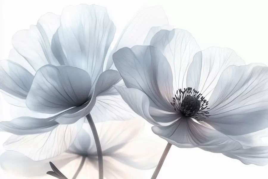 fototapeter Gjennomsiktige blåhvite blomster på lys bakgrunn w09720