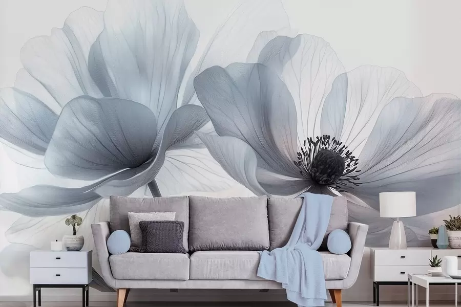 fototapeter Gjennomsiktige blåhvite blomster på lys bakgrunn w09720