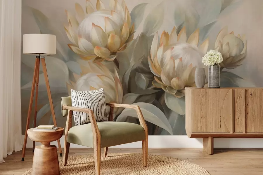 fototapeter Teksturerte proteablomster med grønne blader og en myk, uskarp bakgrunn w09738