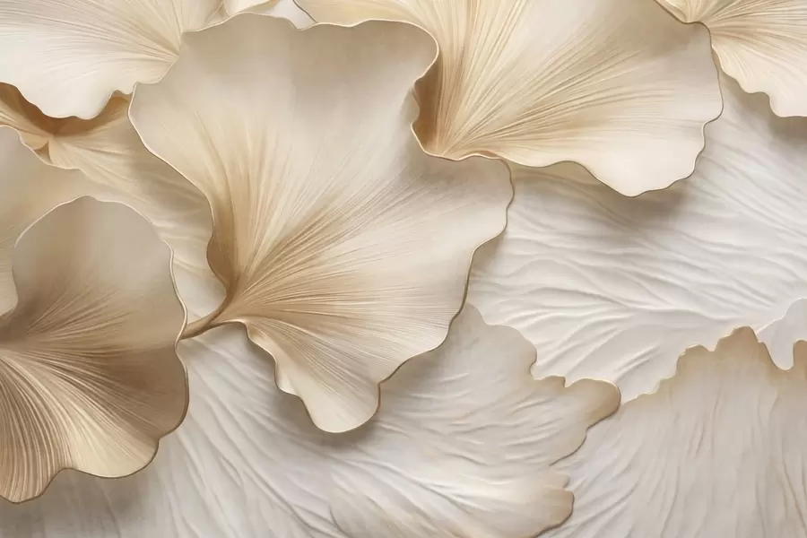 fototapeter Teksturerte, beige og hvite ginkgoblader med delikat organisk trykk w09741