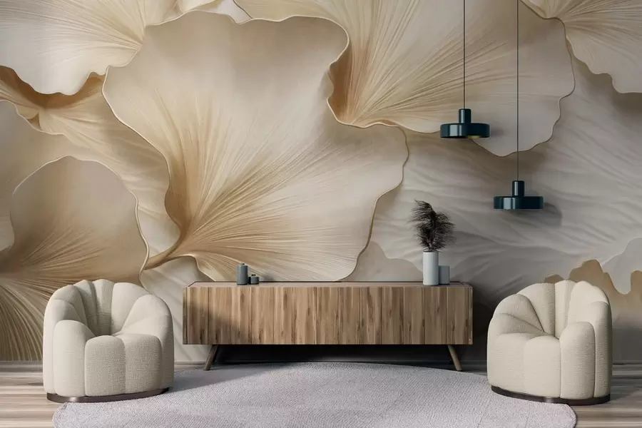 fototapeter Teksturerte, beige og hvite ginkgoblader med delikat organisk trykk w09741