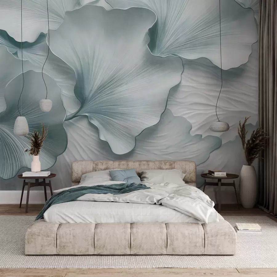 fototapeter Teksturerte, blå og hvite ginkgoblader med delikat organisk trykk w09741v1