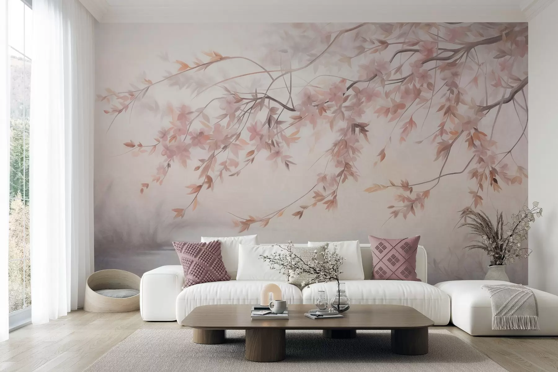 fototapeter Teksturert landskap med kirsebærblomstgren, rosa blader, myk, tåkete bakgrunn w09743