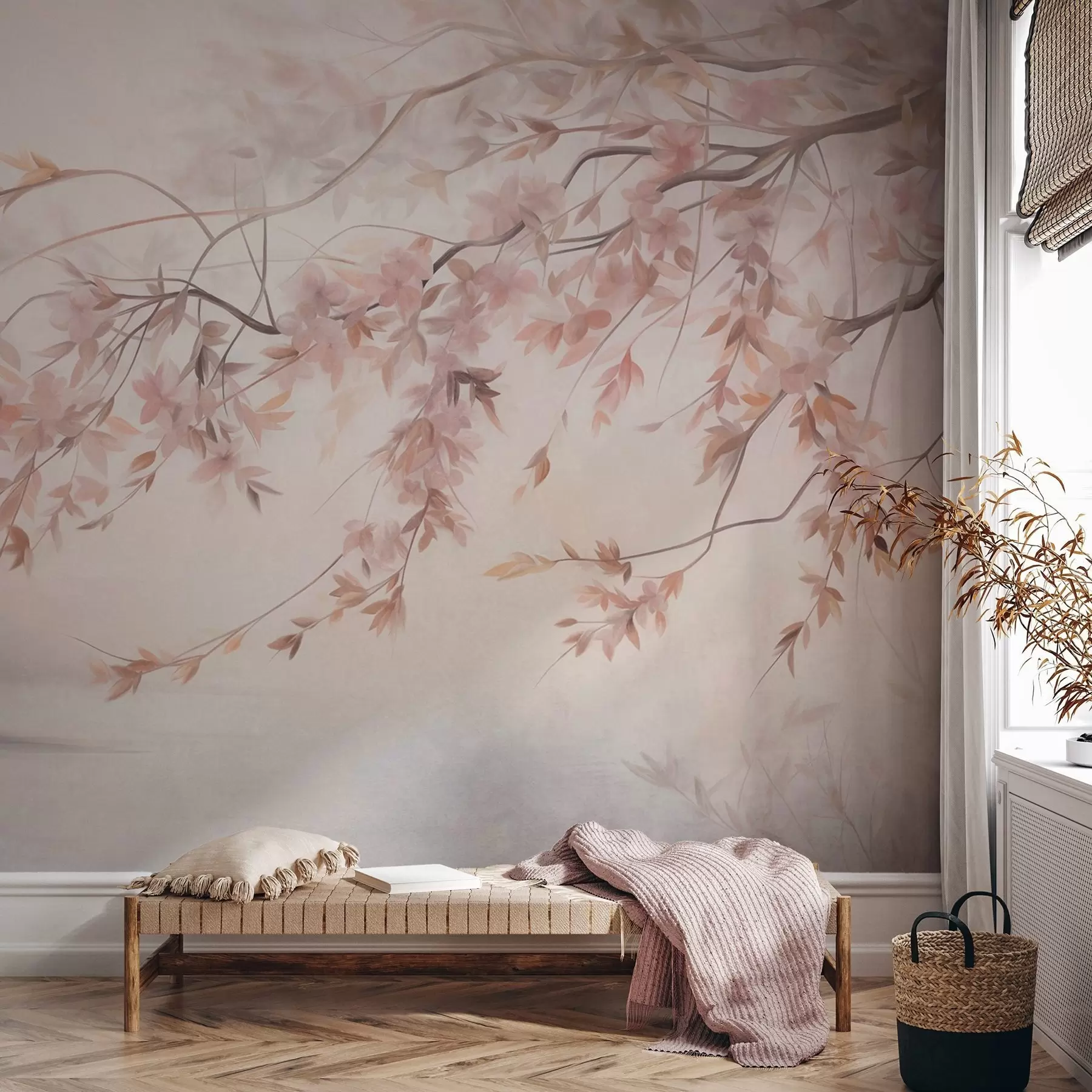 fototapeter Teksturert landskap med kirsebærblomstgren, rosa blader, myk, tåkete bakgrunn w09743
