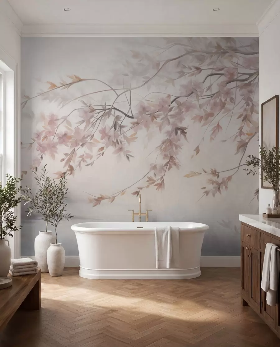 fototapeter Teksturert landskap med kirsebærblomstgren, rosa blader, myk, tåkete bakgrunn w09743