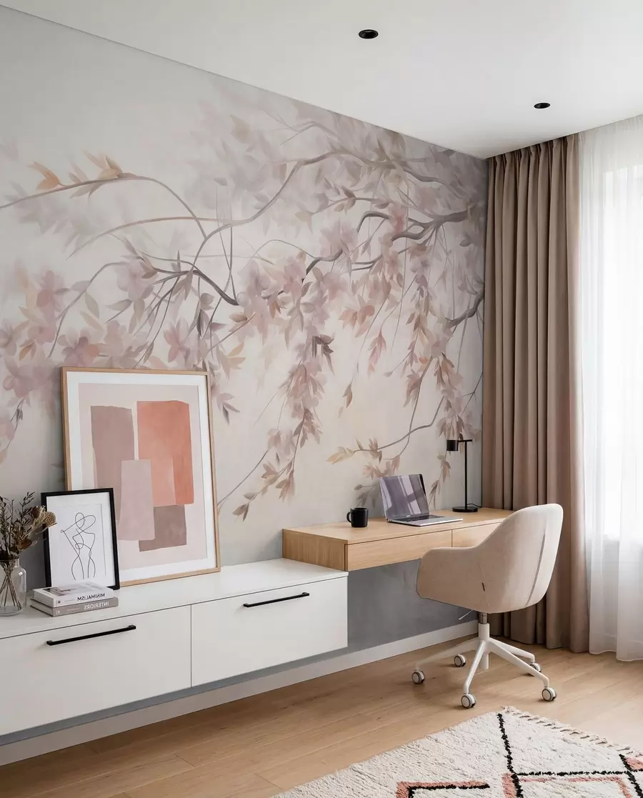 fototapeter Teksturert landskap med kirsebærblomstgren, rosa blader, myk, tåkete bakgrunn w09743