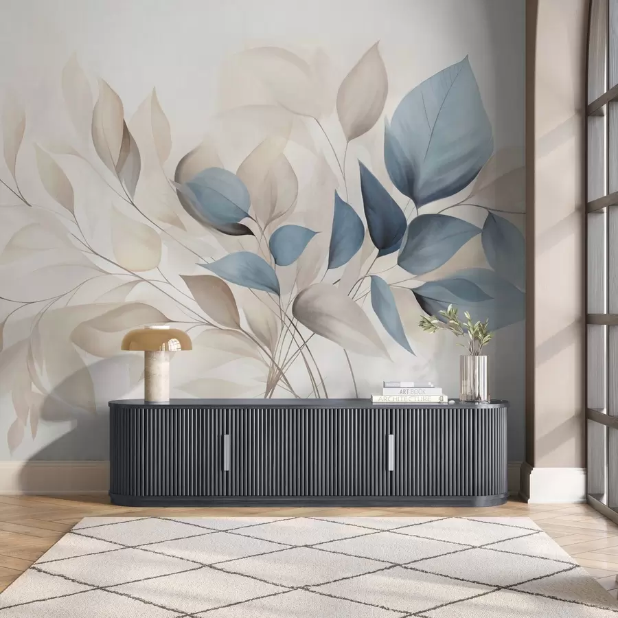 fototapeter Abstrakte, gjennomsiktige blader i nyanser av blått, beige og kremfarget, strukturert kunst w09744