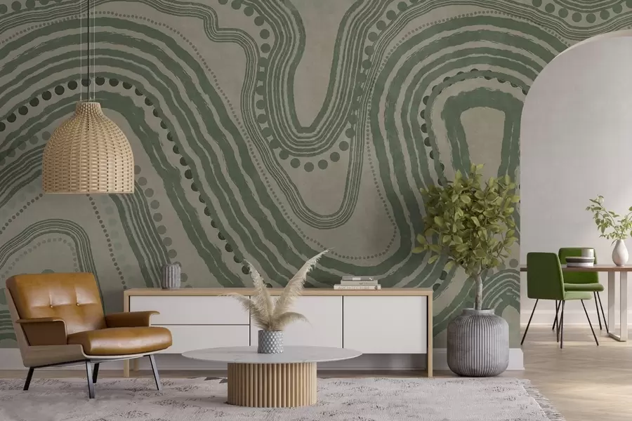 fototapeter Abstrakte grønne og beige bølgelinjer og prikker, moderne teksturert kunst w09747
