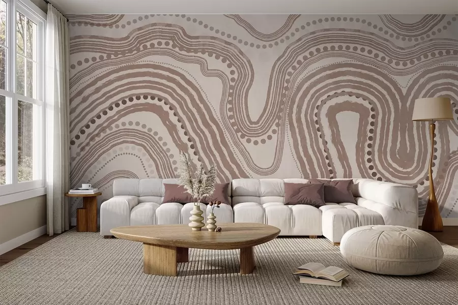 fototapeter Abstrakte brune og beige bølgelinjer og prikker, moderne teksturert kunst w09747v1