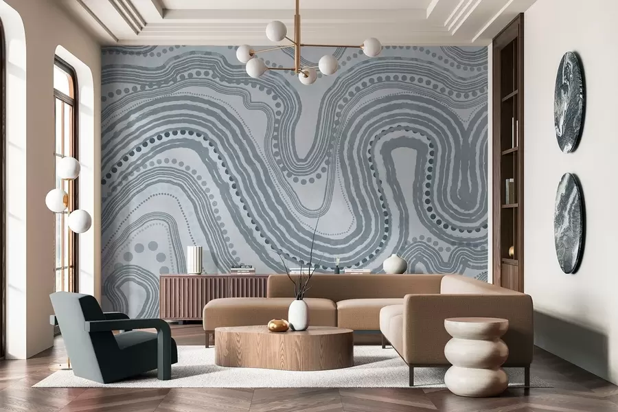 fototapeter Abstrakte blå bølgelinjer og prikker, moderne teksturert kunst w09747v3