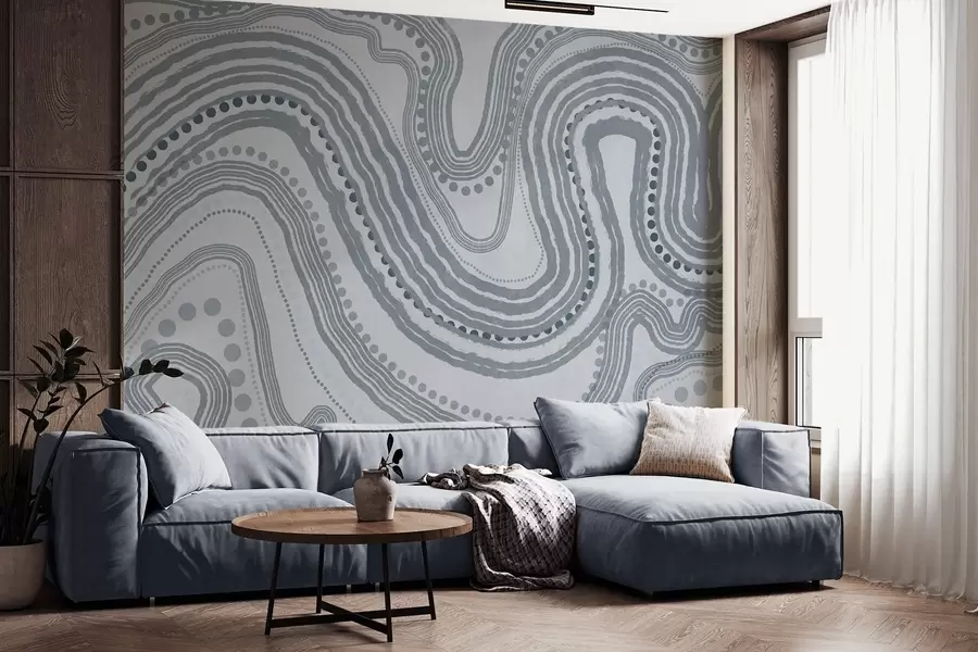 fototapeter Abstrakte blå bølgelinjer og prikker, moderne teksturert kunst w09747v3