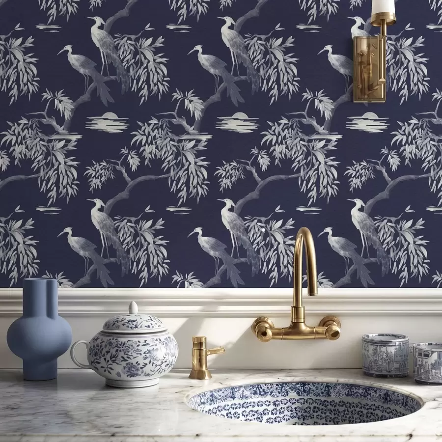 fototapeter Fugler på gren på mørkeblå bakgrunn a01116v1