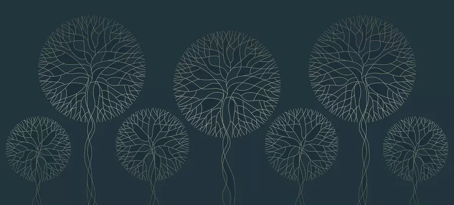 fototapeter Fantastiske lineære trær med frodige kroner i elegante mørke smaragdfarger w05213