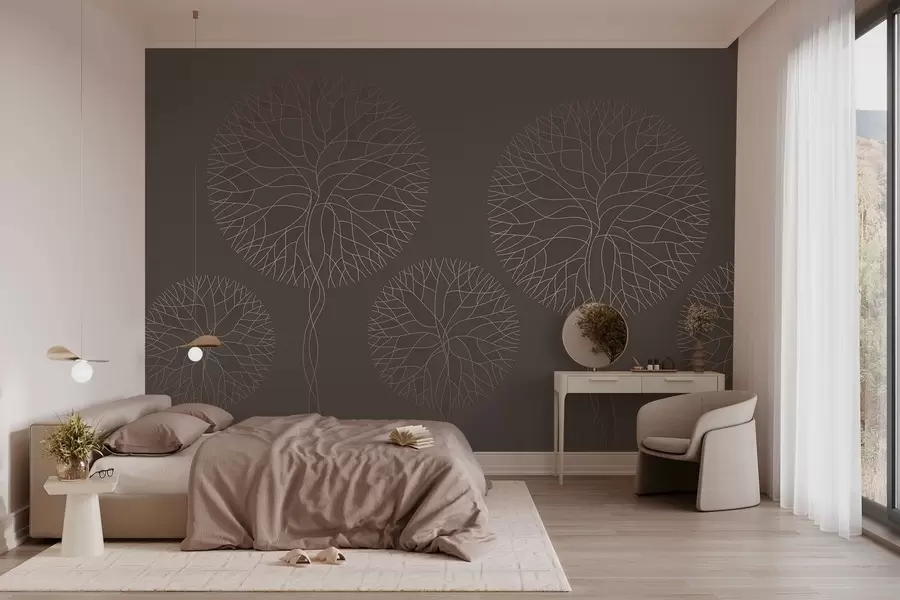 fototapeter Fantastiske lineære trær med frodige kroner i elegante mokkafarger w05213v1