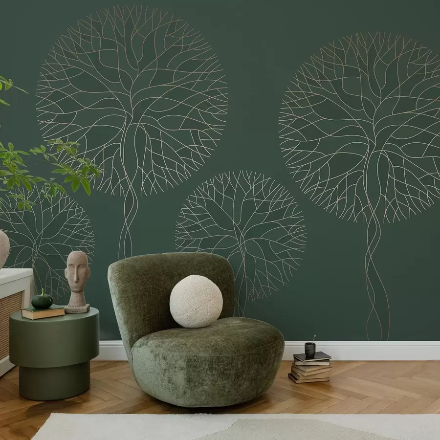 fototapeter Fantastiske lineære trær med frodige kroner i elegante mørkegrønne toner w05213v2