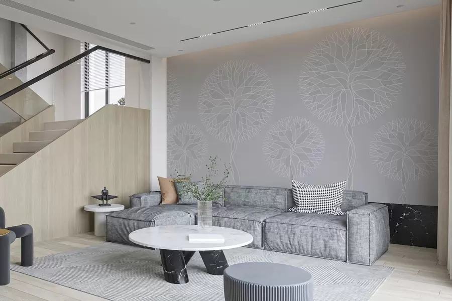 fototapeter Fantastiske lineære trær med frodige kroner i lysegrå toner w05213v4