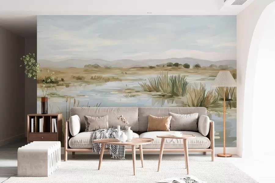 fototapeter Stille, fredelig innsjø i pittoresk landskap w05214