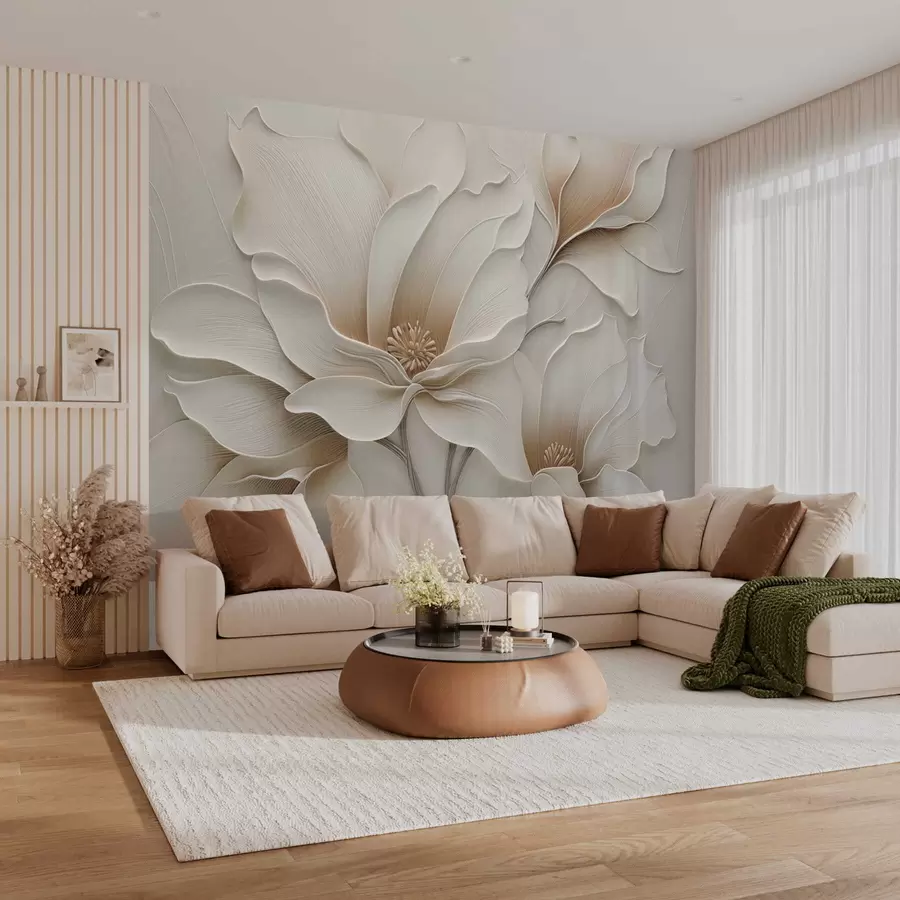 fototapeter Preget beige blomsterrelieff i nærbilde w05269