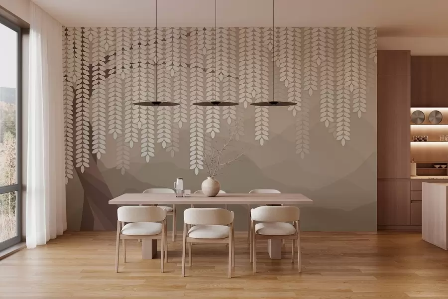 fototapeter Stilisert piletre med hengende blader mot en bakgrunn av minimalistiske fjell i kaffefarger. w05232v2