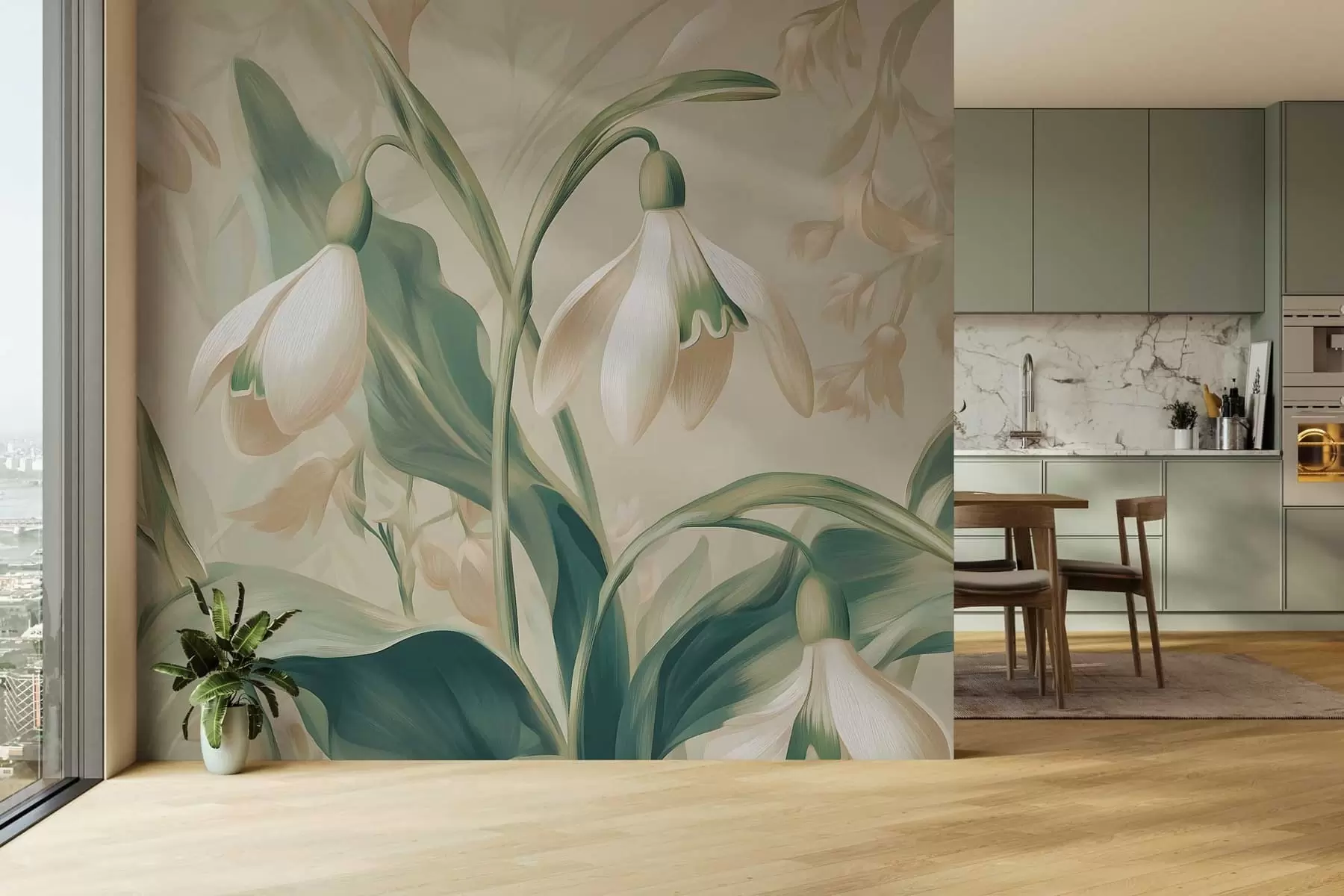 fototapeter blomstrende snøklokker på beige bakgrunn w05234