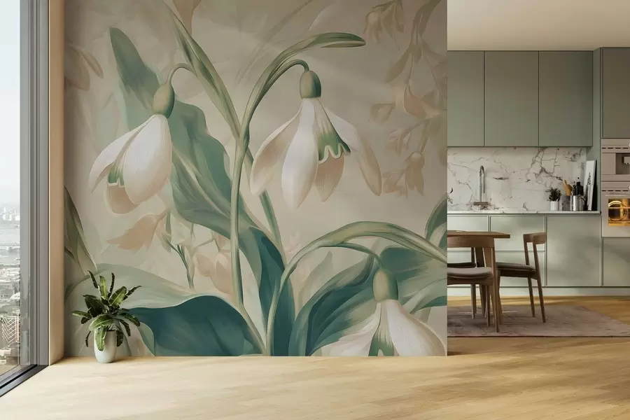 fototapeter blomstrende snøklokker på beige bakgrunn w05234