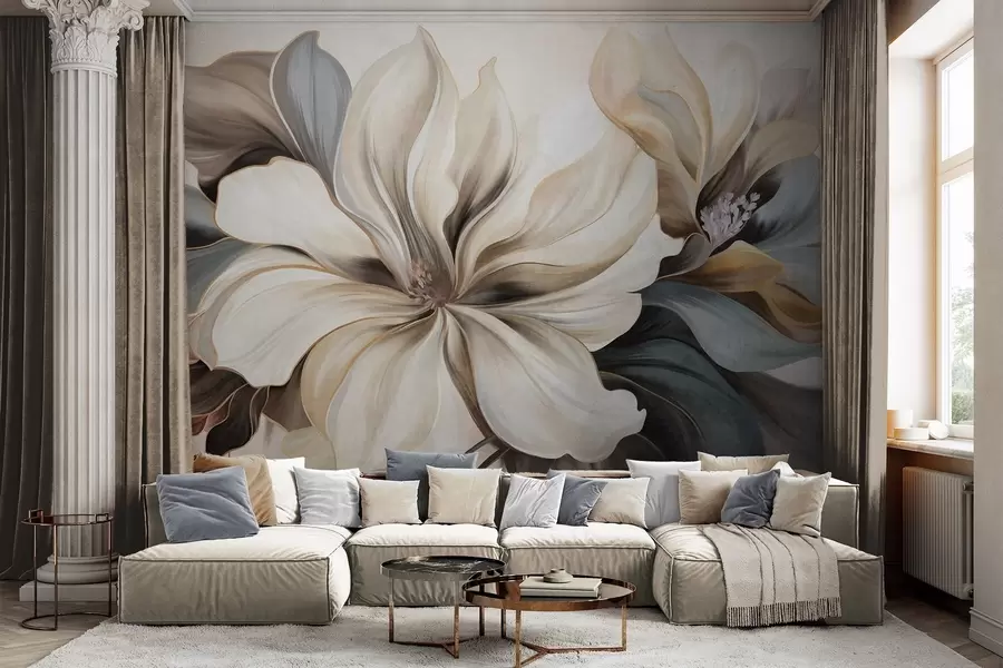 fototapeter Store, kremfargede magnoliablomster med brune og grå blader, myk belysning, abstrakt bakgrunn w09749