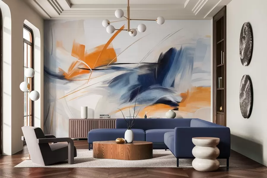 fototapeter Abstrakt malestil med oransje og blå teksturerte penselstrøk w09755