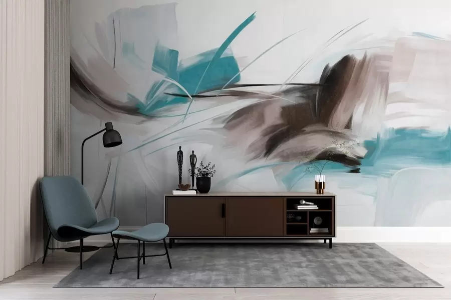 fototapeter Abstrakt malestil med brune og blå teksturerte penselstrøk w09755v1