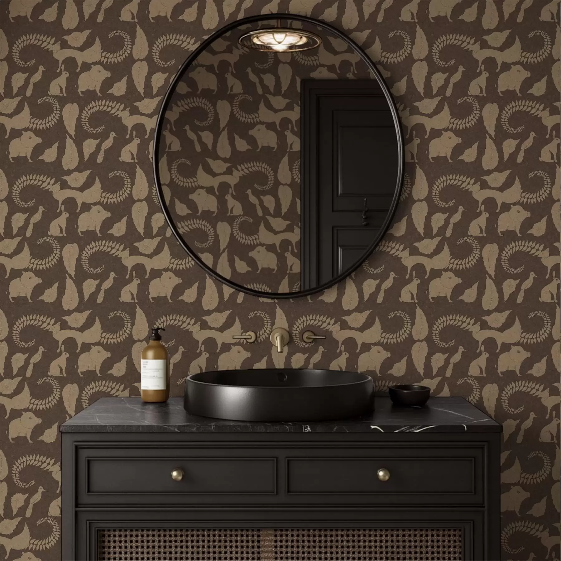 fototapeter Skogsmønster med dyr på brun bakgrunn a01121