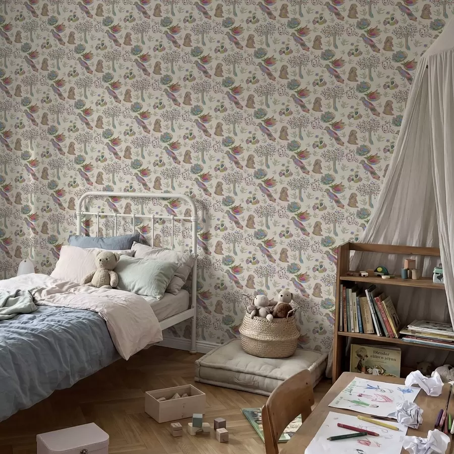 fototapeter Fargerikt barnemønster med fugler og kaniner a01127