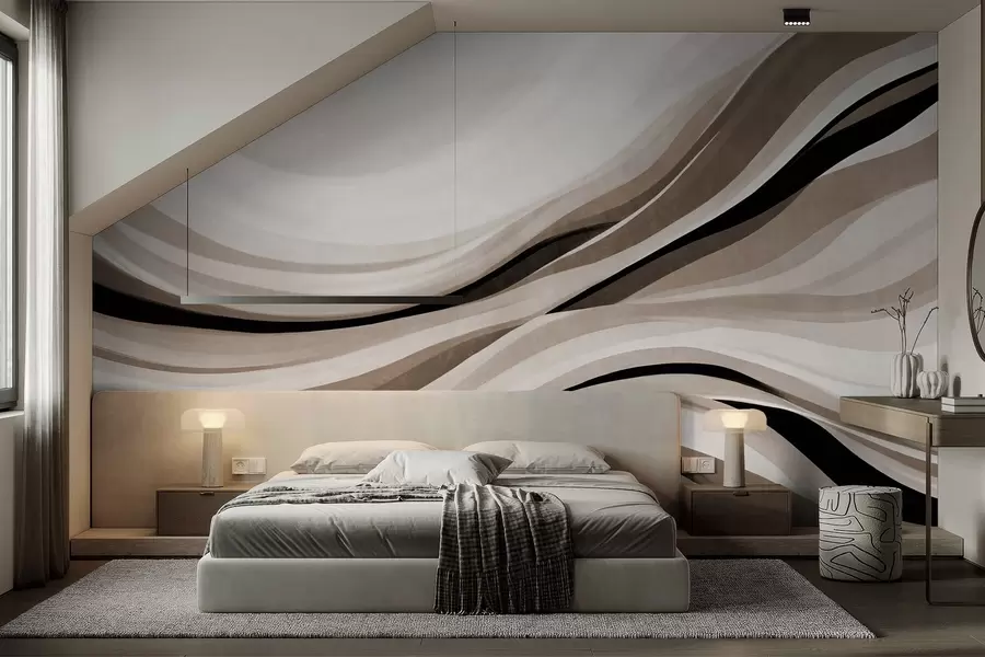 fototapeter Abstrakte bølgelinjer i beige og svart mot en lys bakgrunn, strukturert kunst w09748