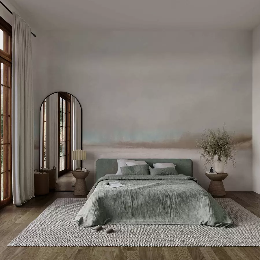 fototapeter Tåkete landskap med innsjø og skog w05319