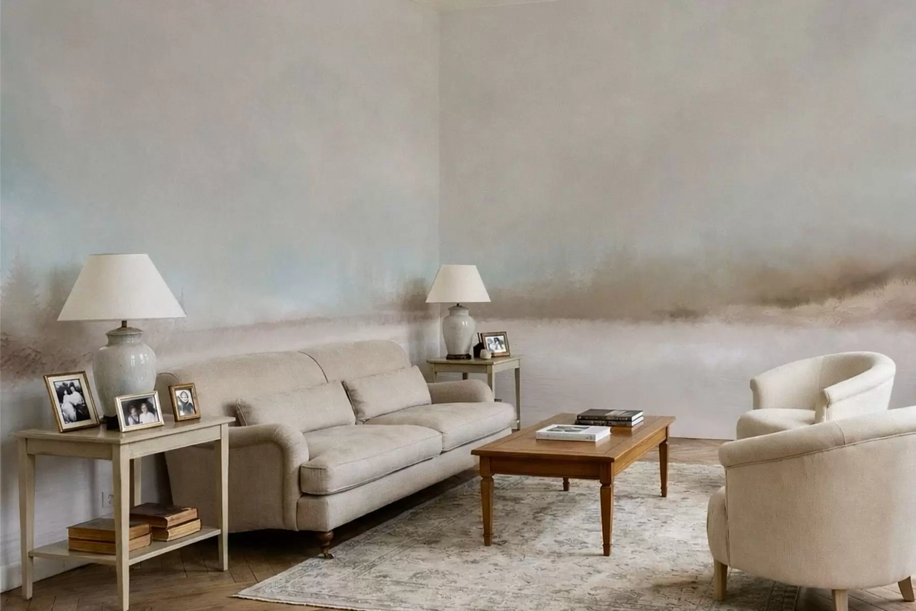 fototapeter Tåkete landskap med innsjø og skog w05319