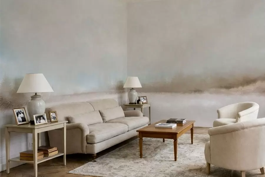 fototapeter Tåkete landskap med innsjø og skog w05319