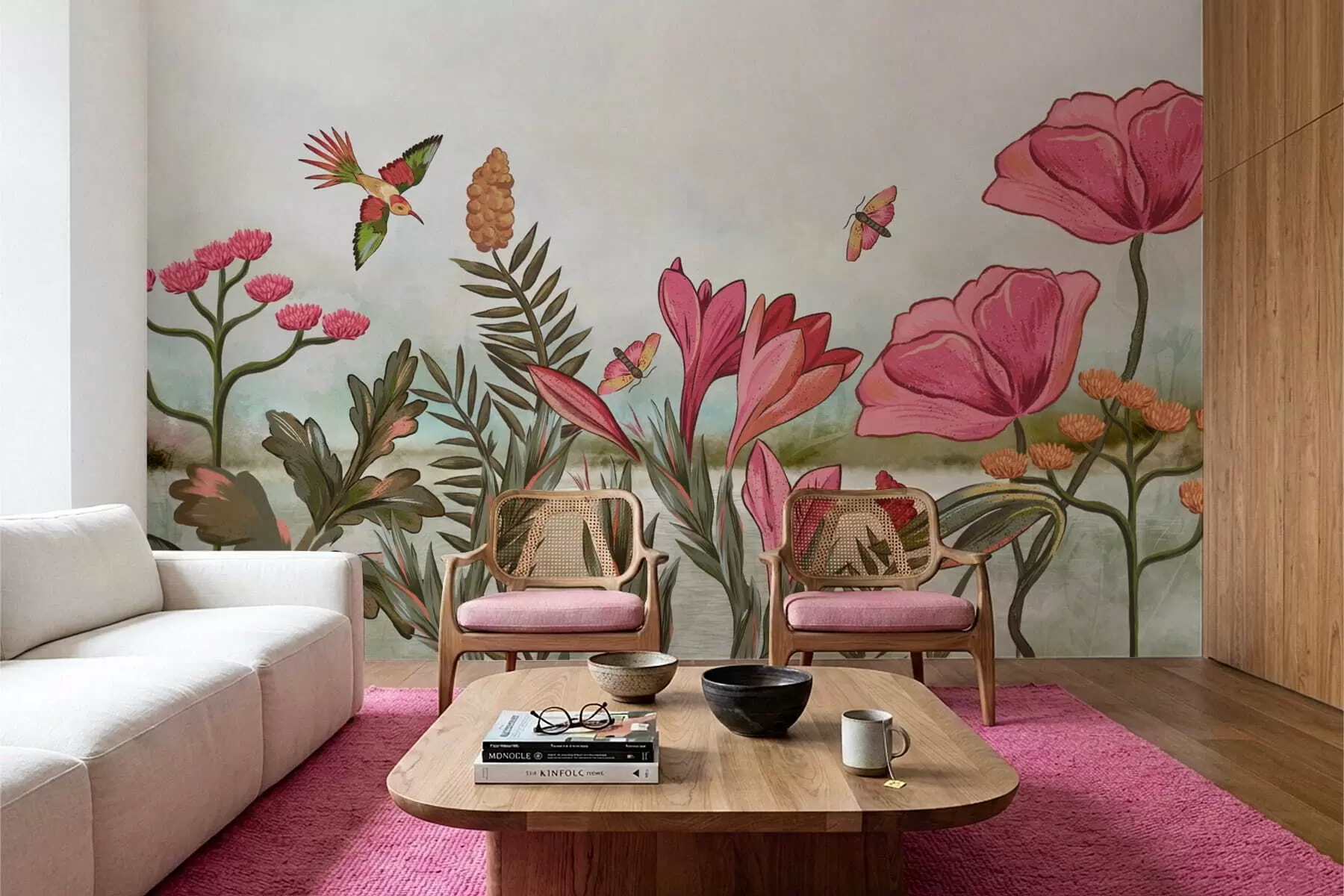 fototapeter Lyse blomster med fugler og sommerfugler w05321