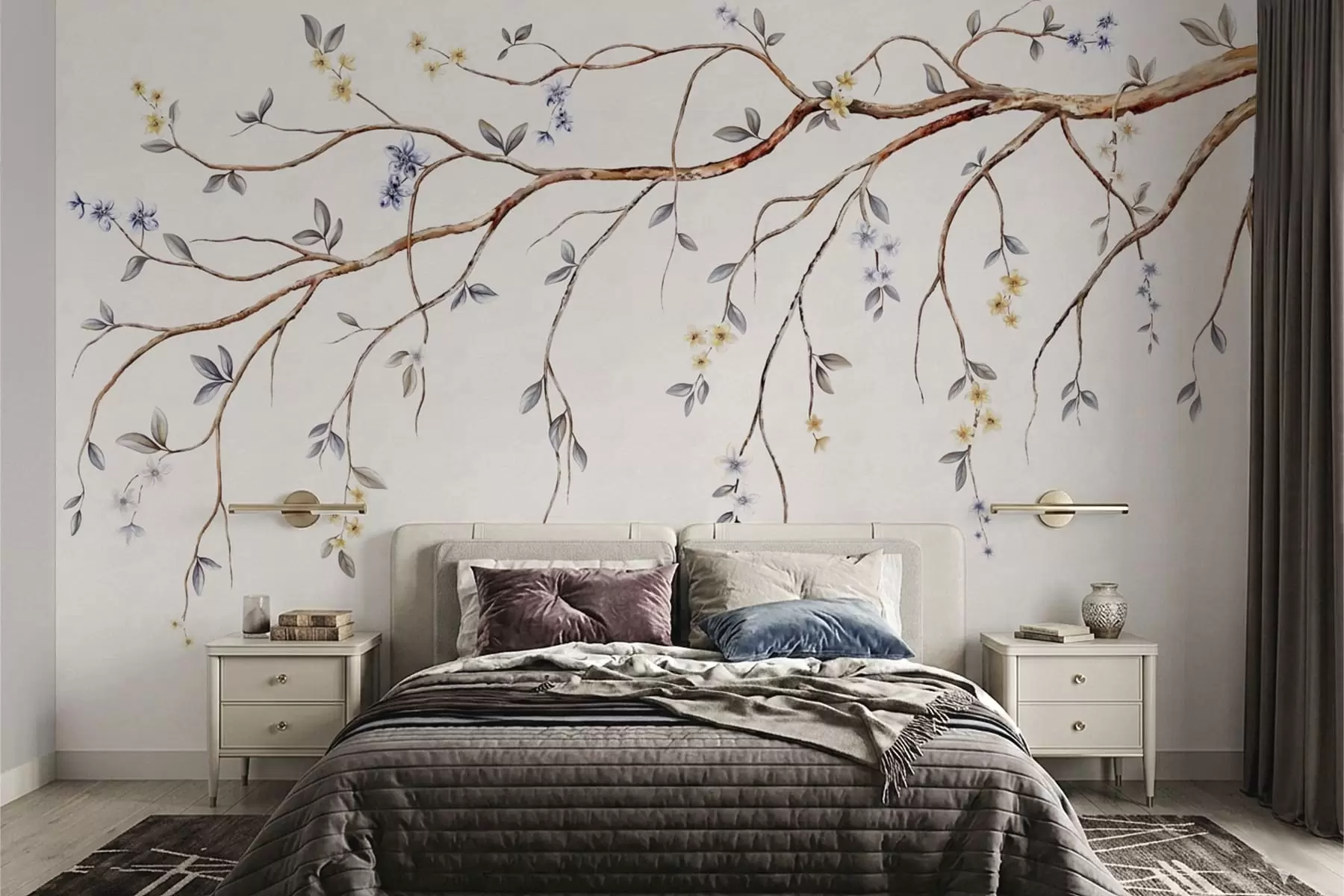 fototapeter Tynne grener med små blomster på lys bakgrunn w05145