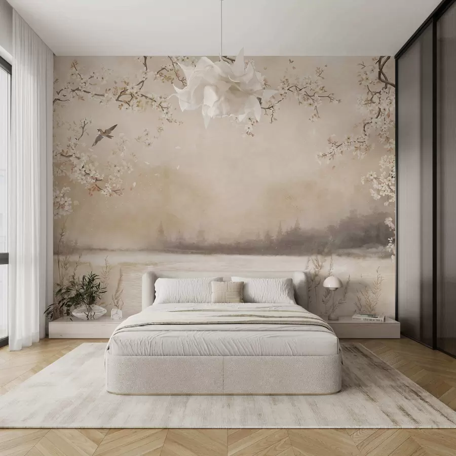 fototapeter Delikate blomstrende grener ved innsjøen med fugler i lett tåke w05155