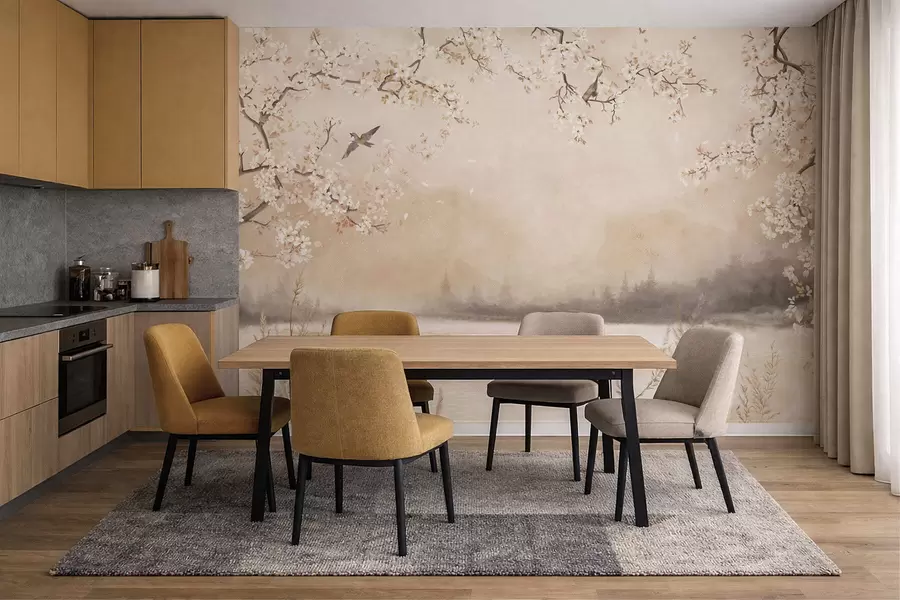 fototapeter Delikate blomstrende grener ved innsjøen med fugler i lett tåke w05155