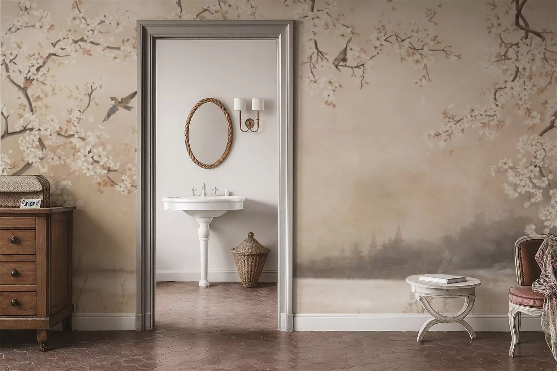 fototapeter Delikate blomstrende grener ved innsjøen med fugler i lett tåke w05155