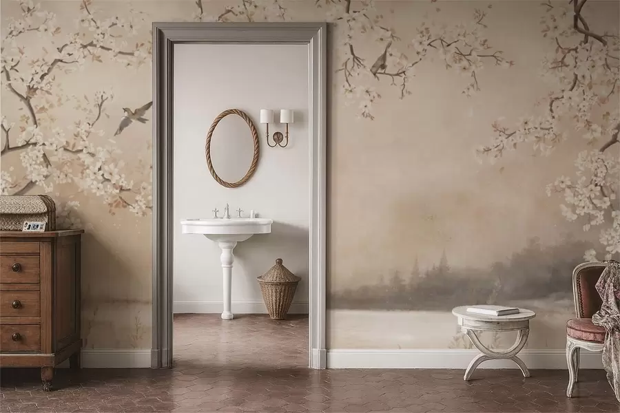 fototapeter Delikate blomstrende grener ved innsjøen med fugler i lett tåke w05155