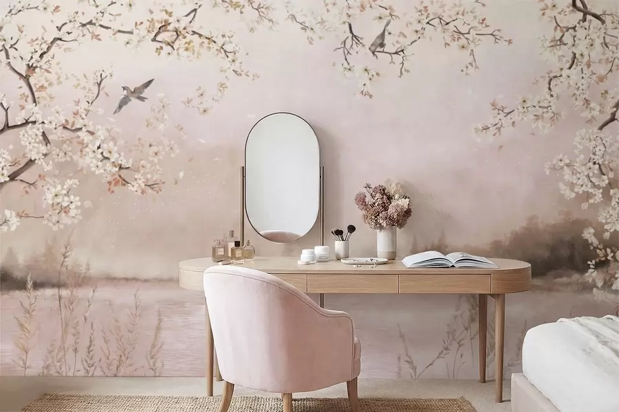 fototapeter Blomstrende grener over rolig innsjø med fugler i tåke w05155v1