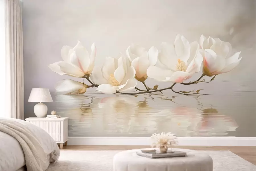 fototapeter Lyse magnoliablomster på gren over vannspeilet w05353