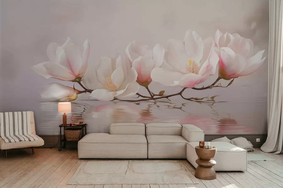 fototapeter Magnoliagren med blomster over rolig vannspeil w05353v1