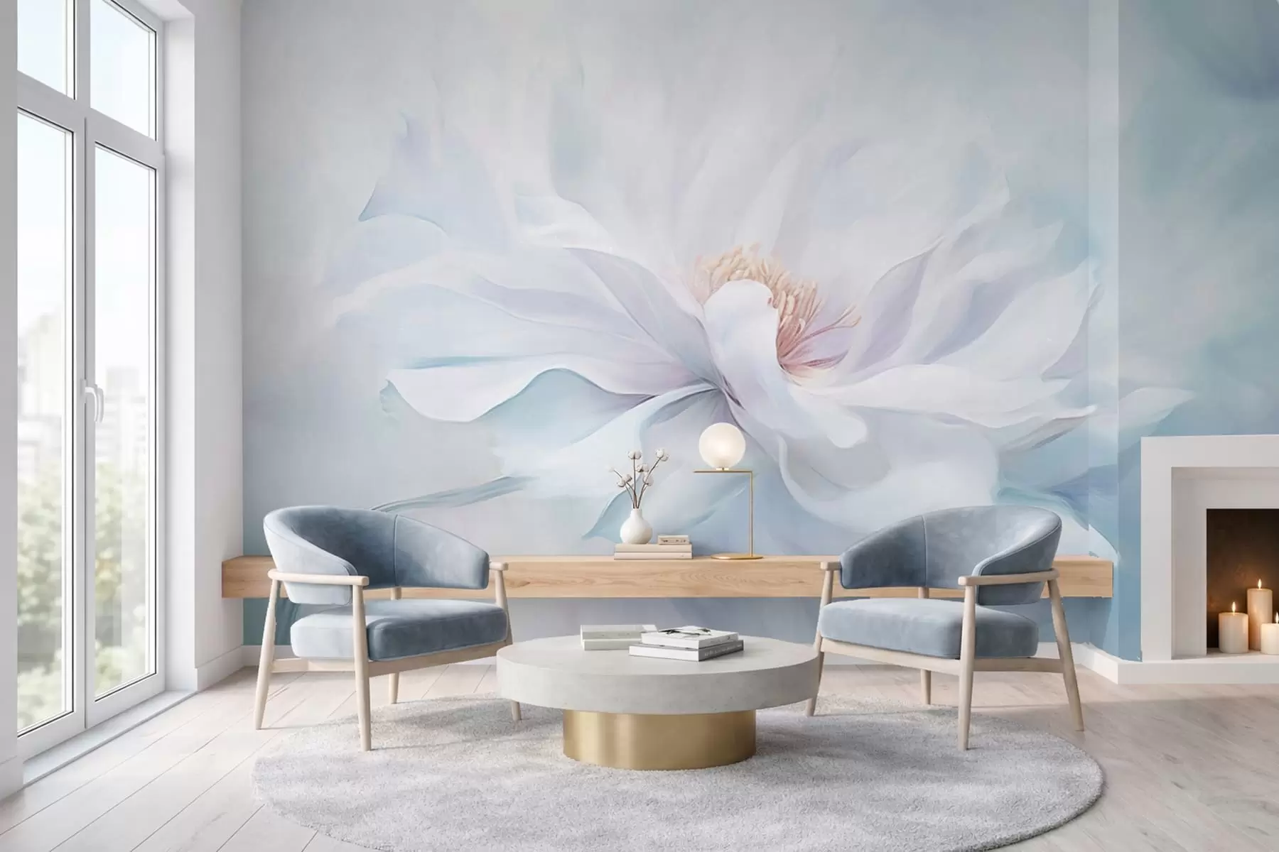 fototapeter Myk hvit blomst med flytende kronblader på blå bakgrunn w05354