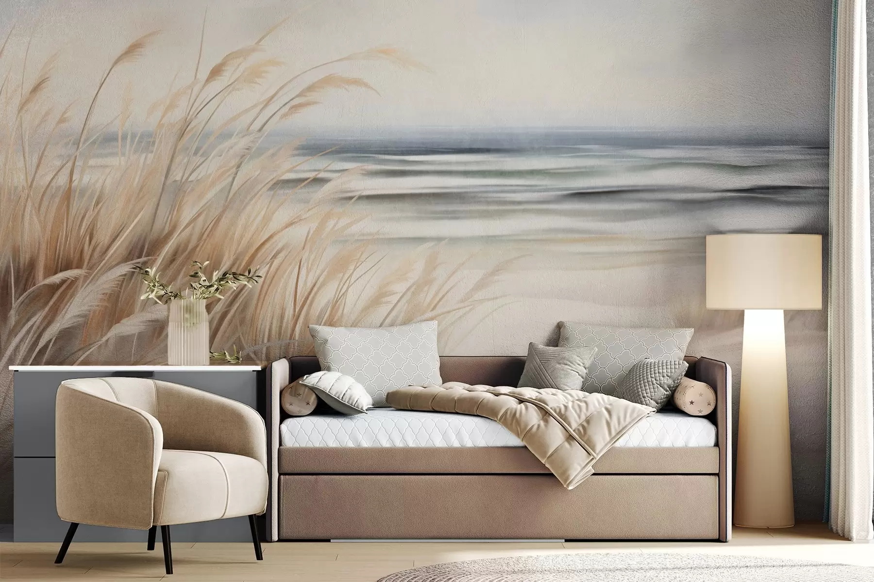 fototapeter Teksturert landskap med tørt gress på en sandstrand, med havet og himmelen i bakgrunnen w09739