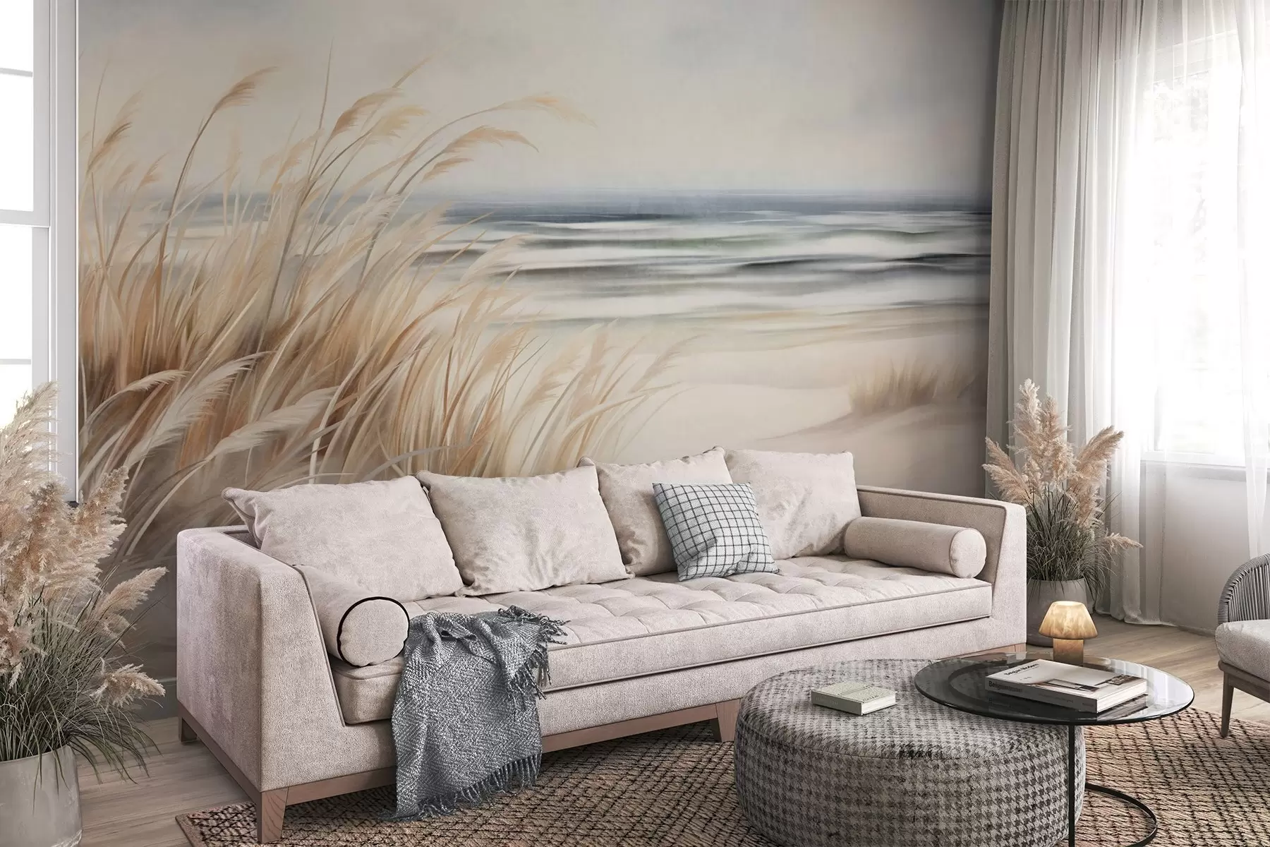 fototapeter Teksturert landskap med tørt gress på en sandstrand, med havet og himmelen i bakgrunnen w09739