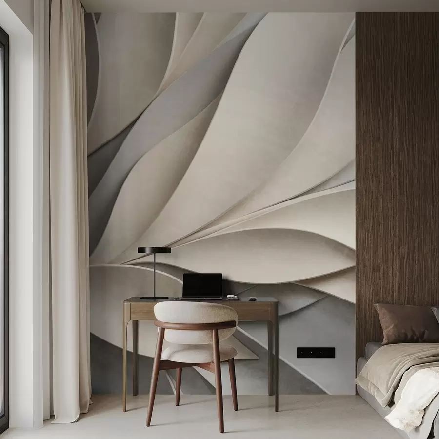 fototapeter Abstrakte blader i beige og grått, strukturert moderne kunst w09769