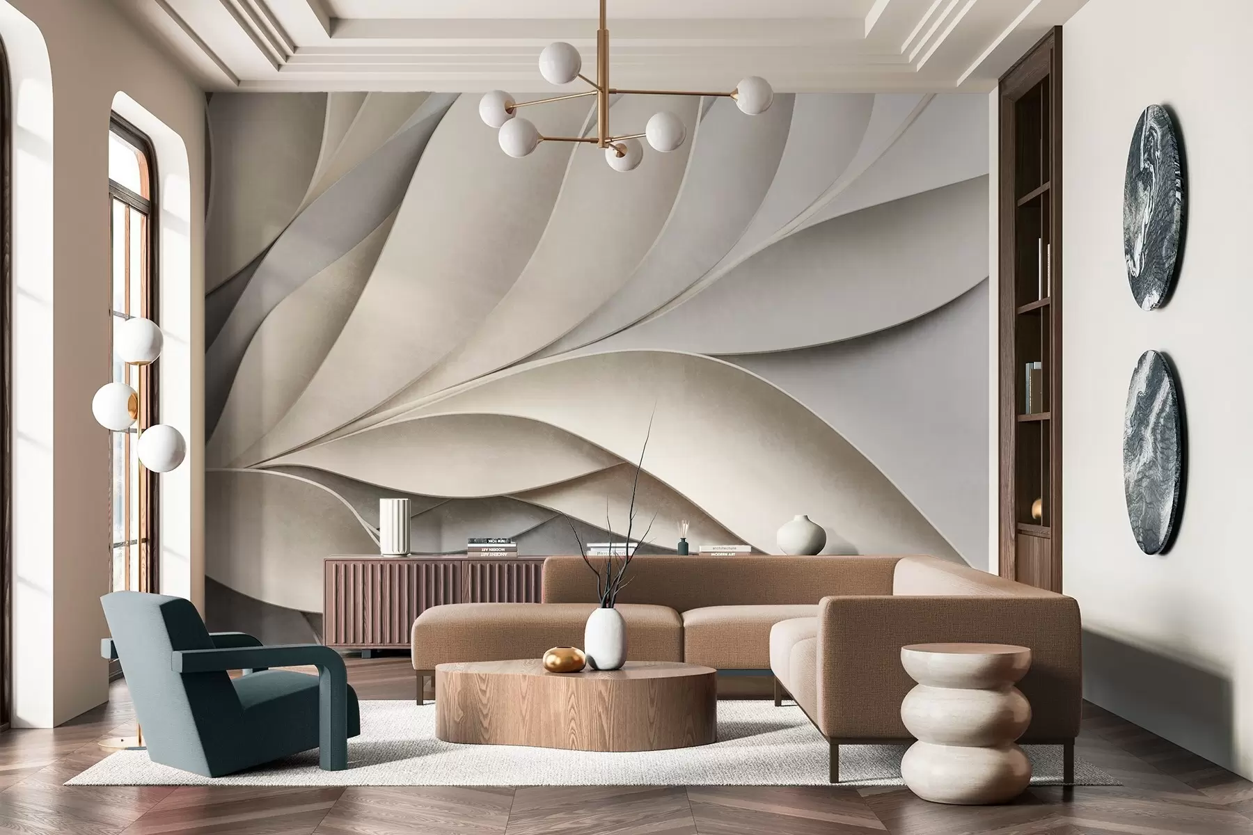 fototapeter Abstrakte blader i beige og grått, strukturert moderne kunst w09769